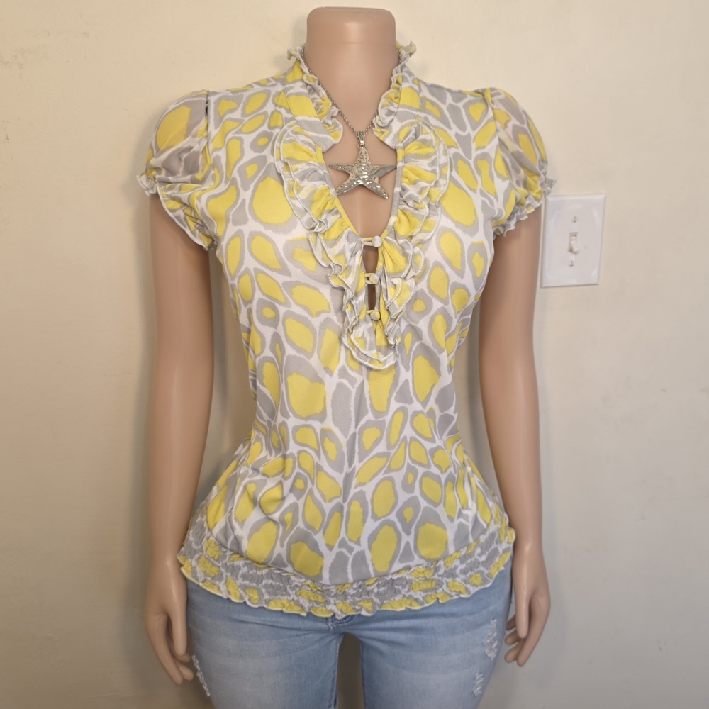 INC International Concepts Yellow and Gray Ruffle Tie-Front Blouse
